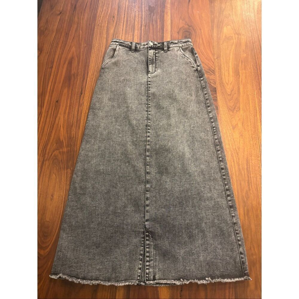 Wash Lab Women's Gray Frayed Hem Cotton Blend A-Line Maxi Denim Skirt Size 28